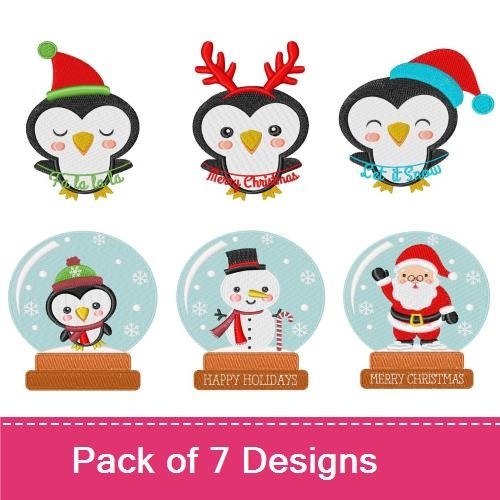 Holiday-themed Penguin Embroidery Designs Bundle – Happy Penguin with Scarf, Sleepy Penguin, Santa Claus & More (7 Designs)