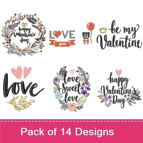 Romantic Love Quotes Embroidery Designs Bundle – Happy Valentine's Day Wreath, Love You, Heart with Arrow & More (14 Designs)