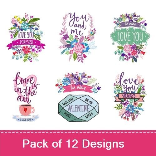Romantic Floral Embroidery Designs Bundle – Love You Forever, You and Me, Floral Cup & More (12 Designs)