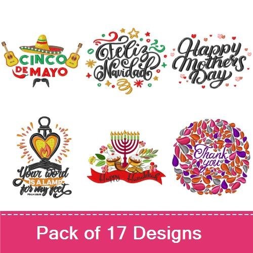 Holiday Celebration Embroidery Designs Bundle – Season's Greetings, Merry Christmas, Happy Father's Day & More (17 Designs)