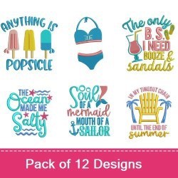 Summer Beach Themes Embroidery Designs Bundle – Sunscreen, Popsicle, Mermaid & More (12 Designs)
