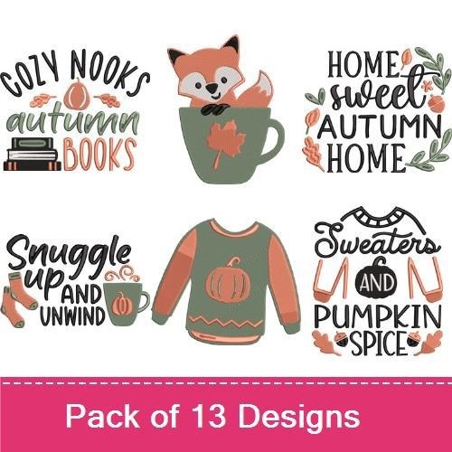 Autumn Themed Embroidery Designs Bundle – Cozy Vibes, Fox with Books, Pumpkin Stack & More (13 Designs)