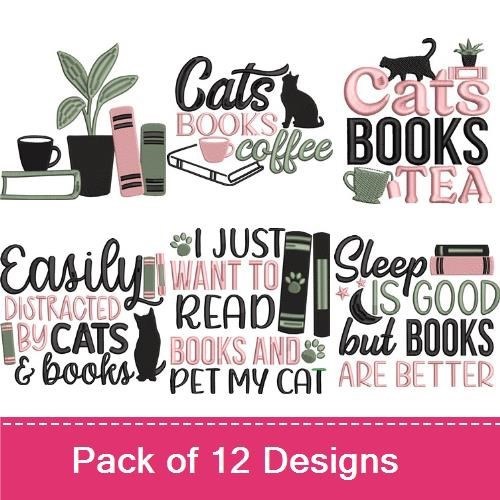 Cats & Books Embroidery Designs Bundle – I Just Want to Read, Books are my Love Language, & More (12 Designs)