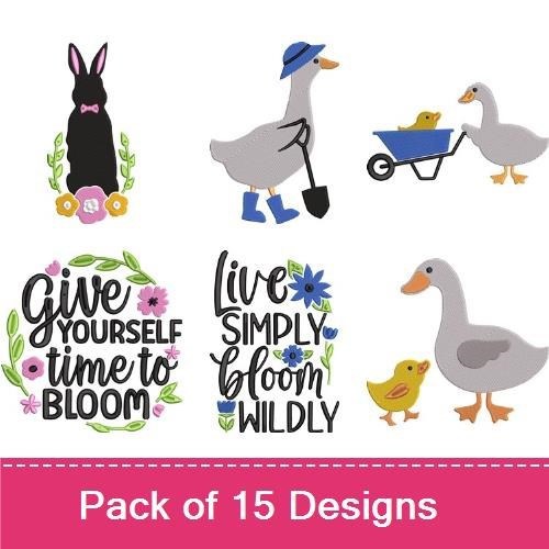 Spring Garden Embroidery Designs Bundle – Garden Cart with Bunnies, Black Bunny, Goose with Umbrella & More (15 Designs)