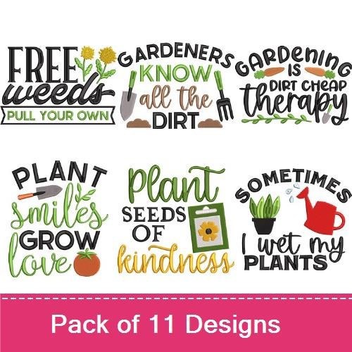 Gardening Quotes Embroidery Designs Bundle – Gardeners Know All the Dirt, Plant Smiles, Grow Love & More (11 Designs)