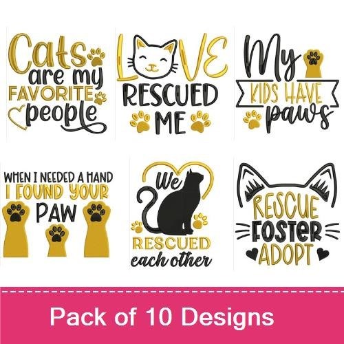 Cat Rescue Themes Embroidery Designs Bundle – Live Love Rescue, Proud Rescue Cat Mom, Saving Cats is Kinda My Thing & More (10 Designs)