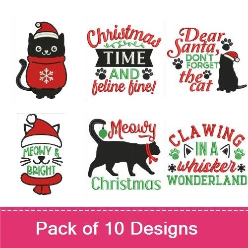Festive Cat Christmas Embroidery Designs Bundle – Black Cat in Santa Hat, Christmas Tree, Snowman & More (10 Designs)