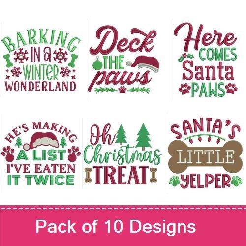 Dogs Embroidery Designs Bundle – Deck the Paws, Here Comes Santa Paws, Oh! Christmas Treat & More (10 Designs)
