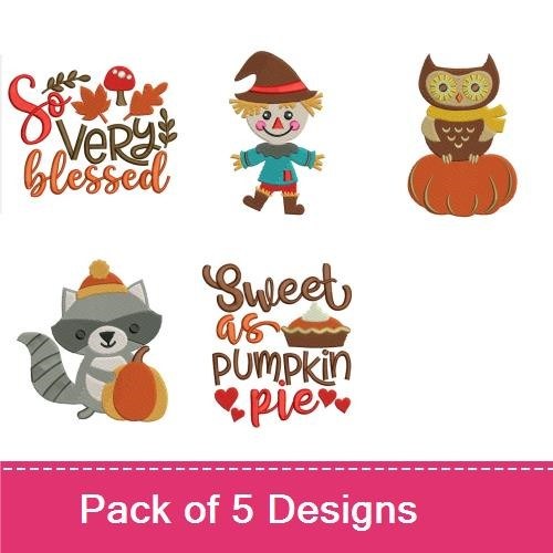 Fall Harvest Themes Embroidery Designs Bundle – So Very Blessed, Scarecrow, Owl with Pumpkin & More (5 Designs)