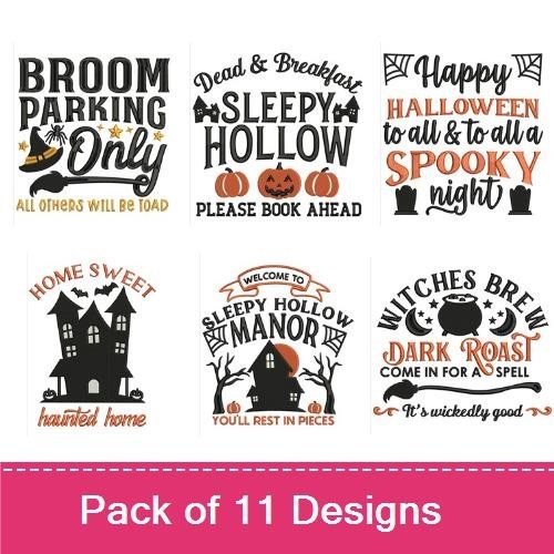 Halloween Quotes Embroidery Bundle – Dead & Breakfast, Sleepy Hollow, Witches Brew & More (11 Designs)