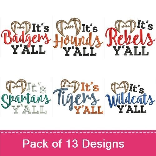 Southern Football Team Embroidery Designs Bundle – Badgers Y'all, Bulldogs Y'all, Cardinals Y'all & More (13 Designs)