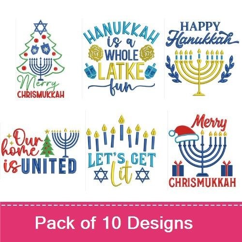Hanukkah & Chrismukkah Embroidery Designs Bundle – Hanukkah Tree, Merry Chrismukkah Text, Let's Get Lit & More (10 Designs)