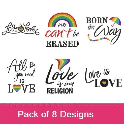 LGBTQ+ Pride Love Embroidery Designs Bundle – Love is Love, Born This Way, Rainbow Love & More (8 Designs)
