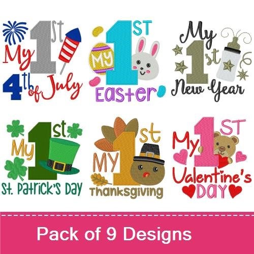 First Holidays Embroidery Designs Bundle – My 1st Christmas, My 1st Easter, My 1st New Year & More (9 Designs)
