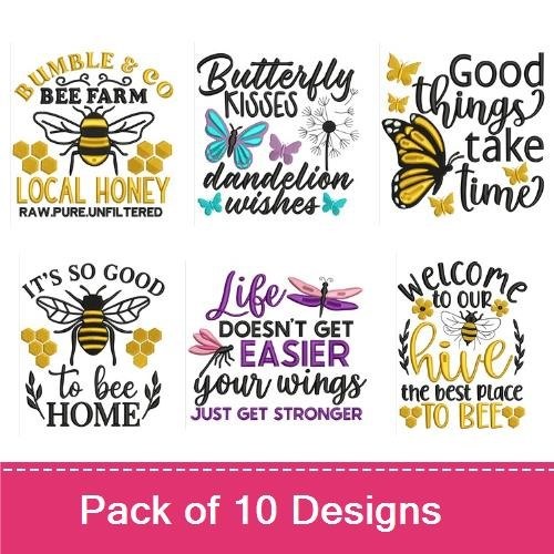 Bee & Butterfly Inspirational Quotes Embroidery Designs Bundle – Bee Farm Sign, Butterfly Kisses, Good Things Take Time & More (10 Designs)