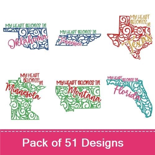 State-Themed Heart Embroidery Designs Bundle – My Heart Belongs in North Carolina, Ohio, North Dakota & More (51 Designs)