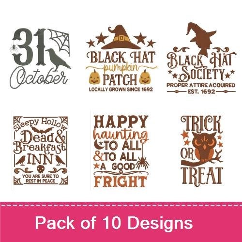 Halloween Embroidery Designs Bundle – 31 October with Web, Black Hat Pumpkin Patch, Trick or Treat & More (10 Designs)