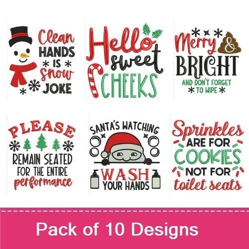 Funny Christmas Bathroom Quotes Embroidery Designs Bundle – Being Naughty Gets You, Clean Hands is a Snow Joke, Tinkle All the Way & More (10 Designs)
