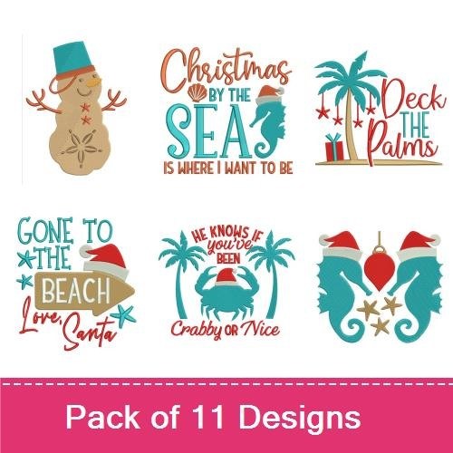 Coastal Christmas Embroidery Designs Bundle – Santa with Sunglasses, Gingerbread Man, Deck the Palms & More (11 Designs)