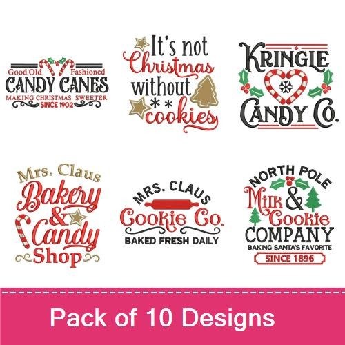 Christmas Baking Embroidery Designs Bundle – Baking through the Snow, Candy Canes, Mrs. Claus Baking Candy Shop & More (10 Designs)