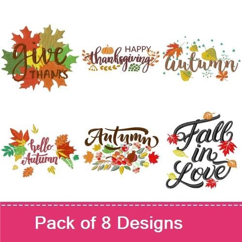 Autumn and Fall Themes Embroidery Designs Bundle – Hello Autumn, Give Thanks, Pumpkin Bow & More (8 Designs)
