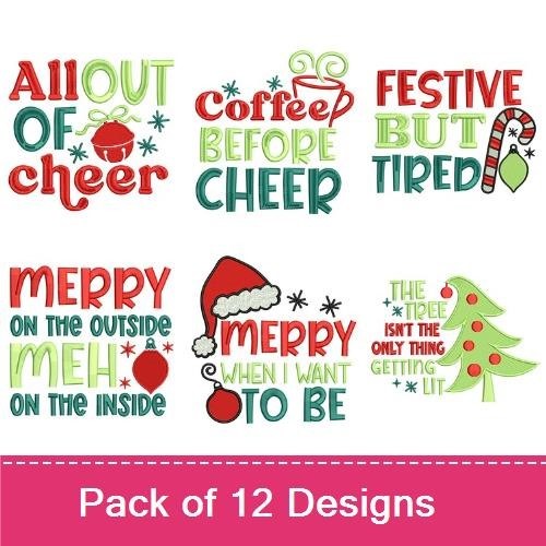 Funny Christmas Sayings Embroidery Designs Bundle – All Out of Cheer, Fueled by Cocoa and Sarcasm, & More (12 Designs)