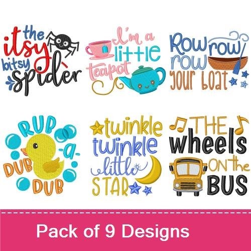 Classic Nursery Rhymes Embroidery Designs Bundle – Baa Baa Black Sheep, Hickory Dickory Dock, & More (9 Designs)