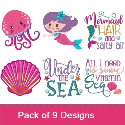 Under the Sea Embroidery Designs Bundle – Jellyfish, Mermaid, Seahorse & More (9 Designs)