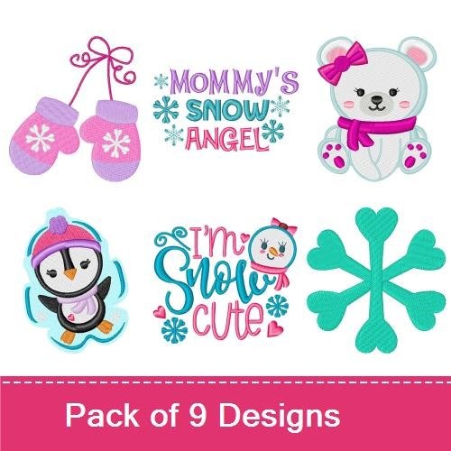 Standard Winter & Snow Angel Embroidery Designs Bundle – Mittens with Snowflake, Cute Penguin, Snowman with Scarf & More (9 Designs)