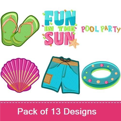 Summer Themed Embroidery Designs Bundle – Beach Ball, Starfish, Cocktail Glass & More (13 Designs)