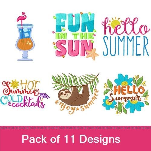 Summer Cocktails Embroidery Designs Bundle – Summer Cocktail with Flamingo, Martini Glass, Hello Summer & More (11 Designs)