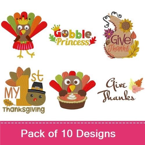 Thanksgiving Turkey & Gratitude Embroidery Designs Bundle – Gobble Princess, Give Thanks, Thankful Turkey & More (10 Designs)