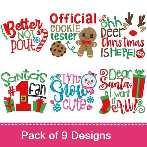 Christmas Phrase Embroidery Designs Bundle – Better Not Pout, Oh Deer Christmas is Here, Santa's Fan & More (9 Designs)