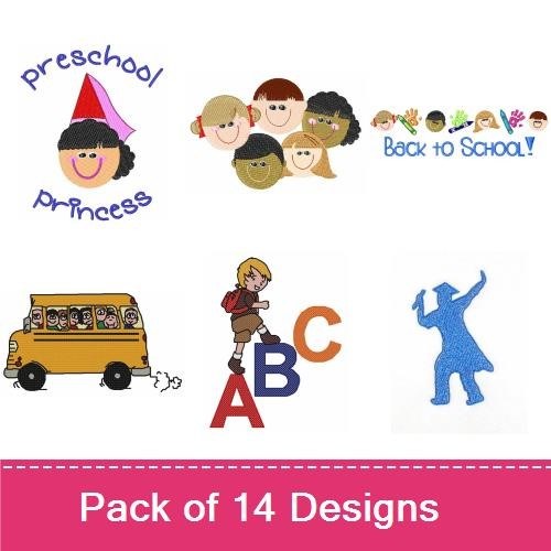 Back to School Embroidery Designs Bundle – School Bus, Preschool Princess, Students Faces & More (14 Designs)