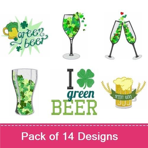 Beer & Shamrock Embroidery Designs Bundle – Beer Glass with Shamrocks, I Green Beer, Shamrock with Heart & More (14 Designs)