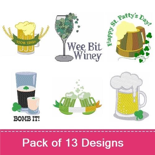 St. Patrick's Day Pub-Themed Embroidery Designs Bundle – Wine Glass with Colors, Green Beer, Let the Shenanigans Begin & More (13 Designs)