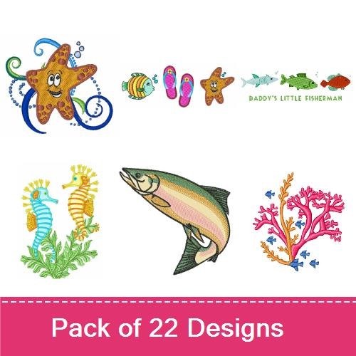 Underwater Friends Embroidery Designs Bundle – Starfish, Colorful Fish, Flip Flops & More (22 Designs)