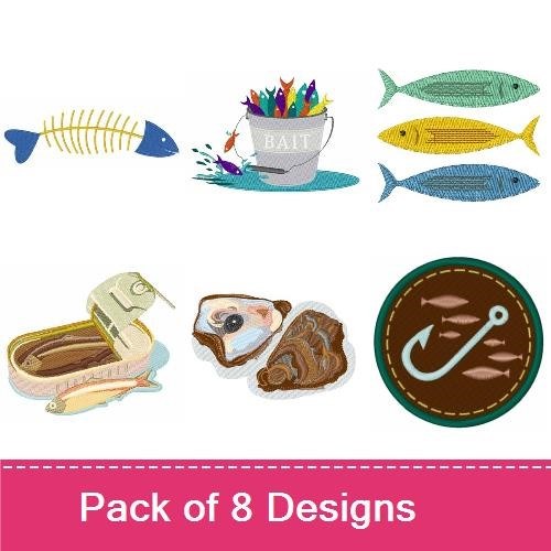 Fishing Embroidery Bundle – Fishing Bucket with Bait, Blue Fish, Green Fish, Yellow Fish & More (8 Designs)