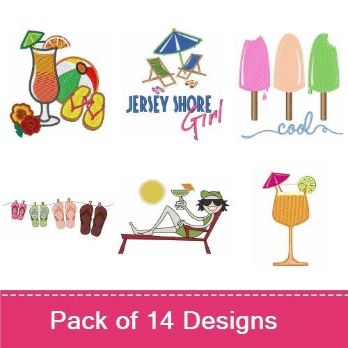 Summer-themed Embroidery Designs Bundle – Cocktail Glass with Citrus, Flip Flops with Flowers, Ice Cream Pops & More (14 Designs)