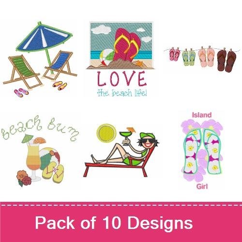 Beach-Themed Embroidery Designs Bundle – Beach Bum, Cold Coffee, Flip Flops & More (10 Designs)