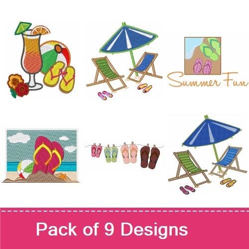 Summer Beach Embroidery Designs Bundle – Beach Umbrella, Beach Chair, Cocktail Drink & More (9 Designs)