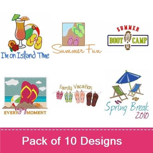Beach-Themed Fun Embroidery Designs Bundle – Beach Chairs, Tropical Drink, Flip Flops & More (10 Designs)