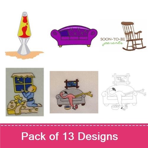 Cozy Home Embroidery Designs Bundle – Purple Sofa, Lava Lamp, Rocking Chair & More (13 Designs)