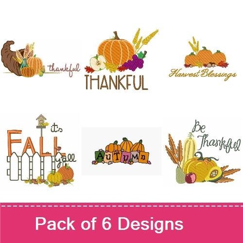 Autumn Harvest Embroidery Designs Bundle – Cornucopia with Pumpkins, Thankful Text & More (6 Designs)