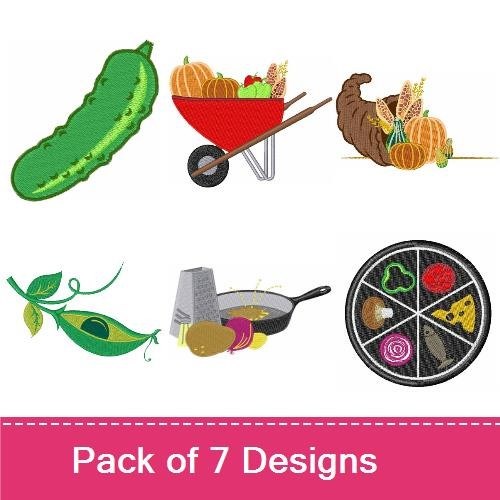 Harvest & Kitchen Embroidery Designs Bundle – Peas in Pod, Cucumber, Wheelbarrow & More (7 Designs)
