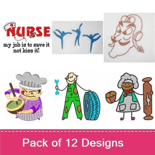 Whimsical Professions Embroidery Designs Bundle – Chef Baking, Gardener with Tools, Nurse with Heart & More (12 Designs)
