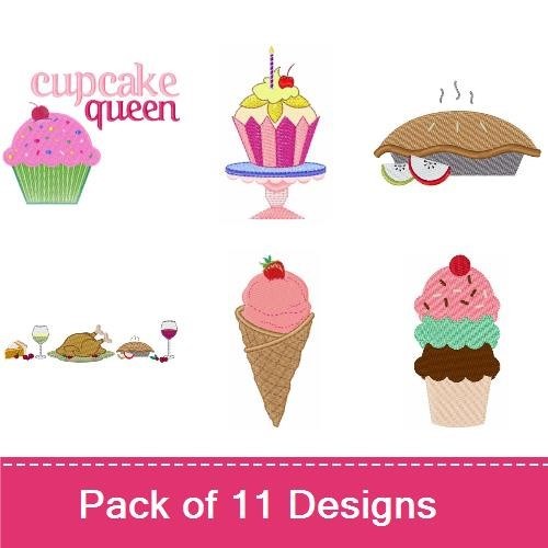 Sweet & Savory Food Embroidery Designs Bundle – Cupcake Queen, Ice Cream Cone, Sundae & More (11 Designs)