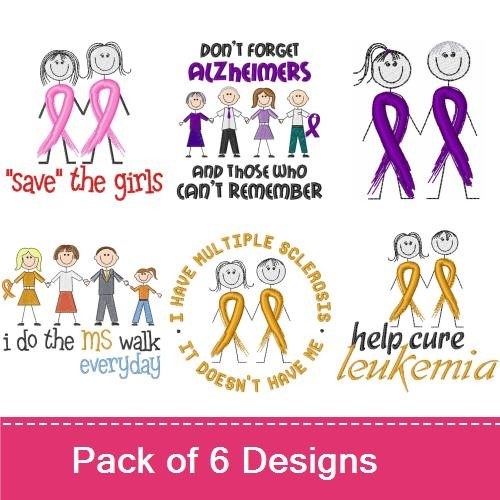 Awareness Ribbons and Causes Embroidery Designs Bundle – Save the Girls, Don't Forget Alzheimers, Help Cure Cancer & More (6 Designs)