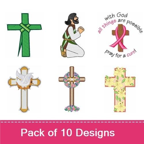 Inspirational Crosses Embroidery Designs Bundle – Cross with Pink Ribbon, Green Cross, Stained Glass Heart & More (10 Designs)