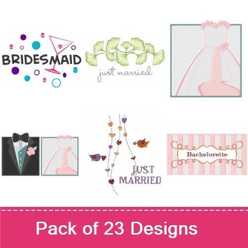 Wedding Celebration Embroidery Designs Bundle – Bridesmaid, Just Married, Champagne Flutes & More (23 Designs)